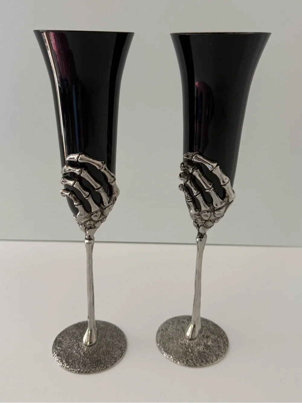 ⁠Gothic Black Glass Skeleton Hand Champagne Flutes Pair - Halloween Wedding Deco